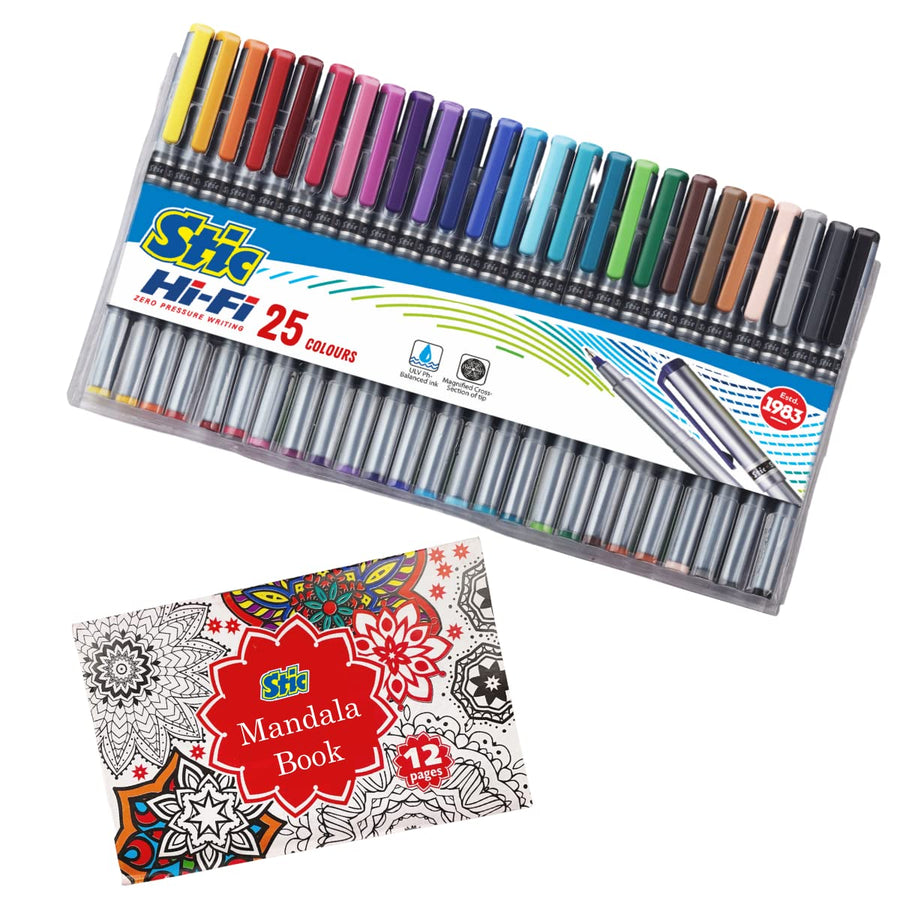 Hi Fi Fineliner pens Set of 25 Shades with 1 Mandala Book